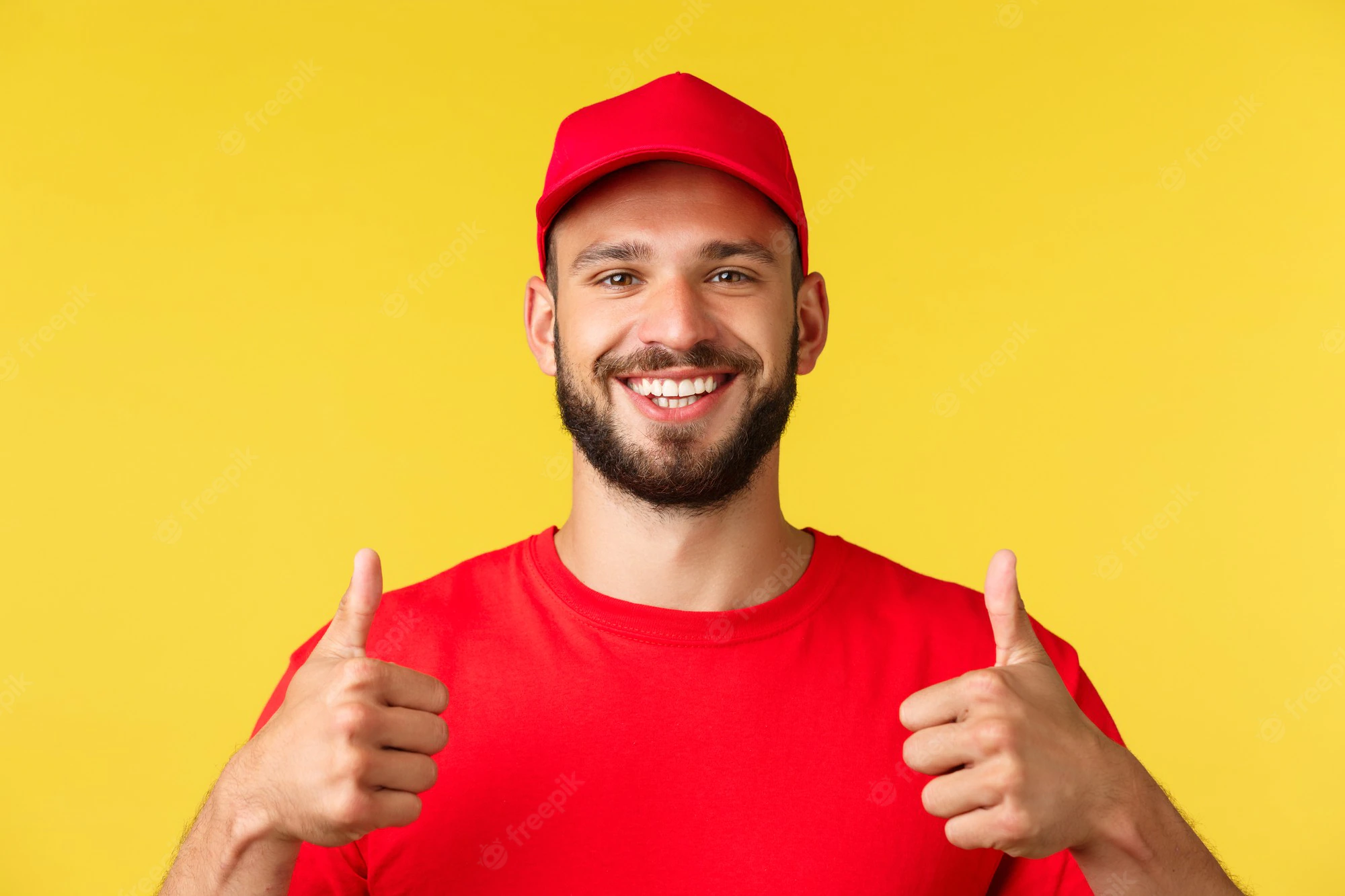 Closeup Friendly Smiling Delivery Guy Red Uniform Cap Tshirt Provide Best Express Shipping 1258 60905